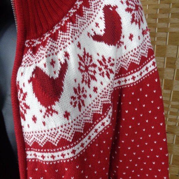 Talbots Red Full Zip Cardigan Sweater Nordic Fair Isle Cardinals Cotton - Picture 2 of 12
